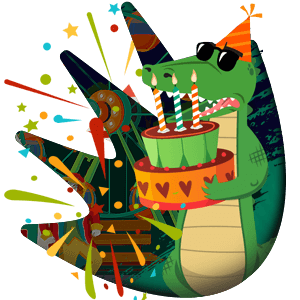 Croco with party hat and birthday cake with three candles at the Fun Fair